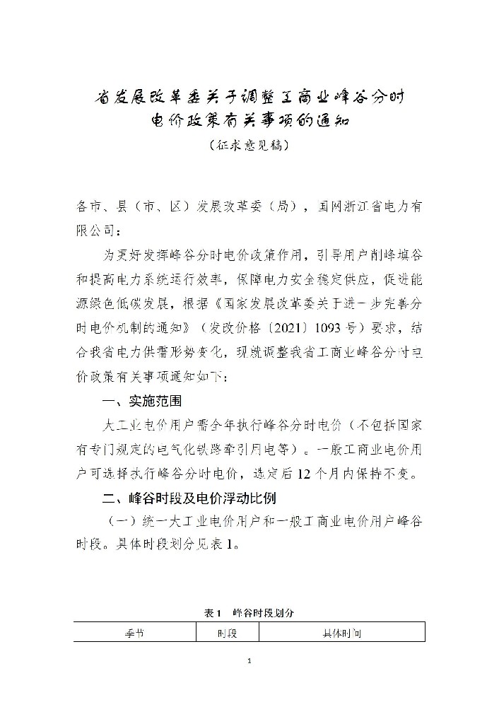 浙江發(fā)改委調整工商業(yè)峰谷分時(shí)電價(jià)政策