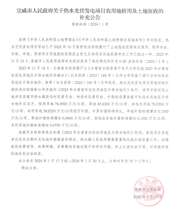 云南宣威市提高光伏用地補償標準：旱地、農用地增長(cháng)0.15萬(wàn)元/公頃 草地0.09萬(wàn)元/公頃