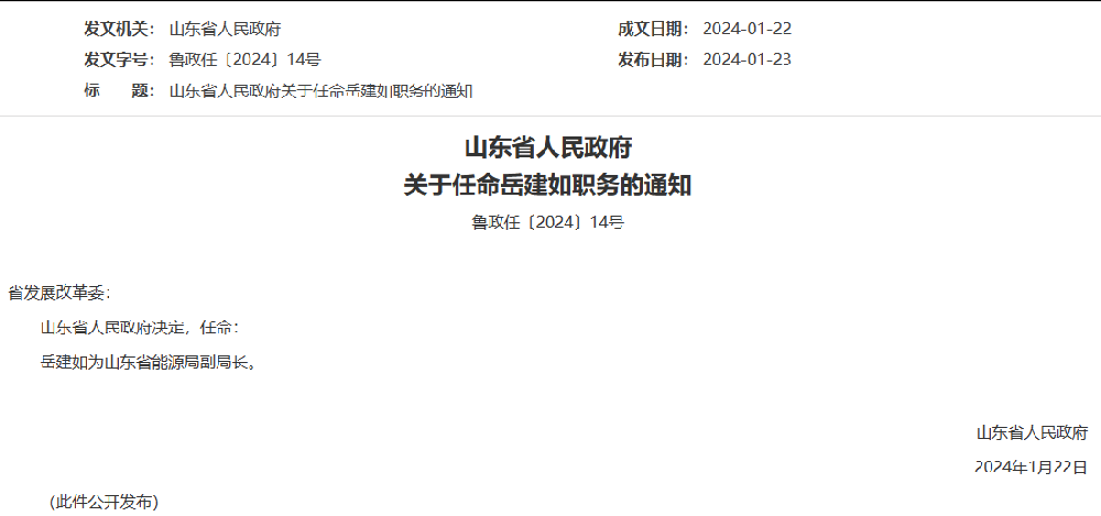 人事丨岳建如任命山東省能源局副局長(cháng)
