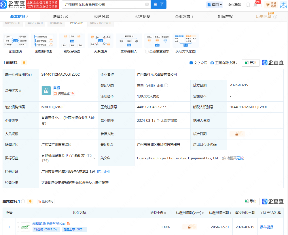 注冊資本100萬(wàn)元！晶科能源廣州成立光伏設備子公司